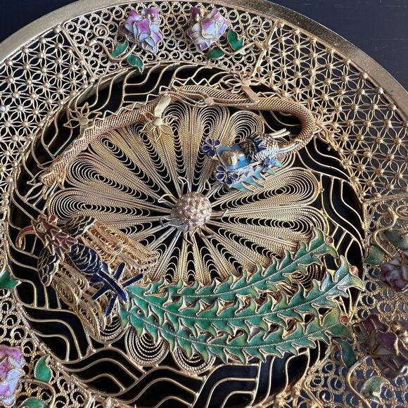 Chinese gold filigree enamel 3D dragon Phoenix decorative plate - Picture 11 of 14